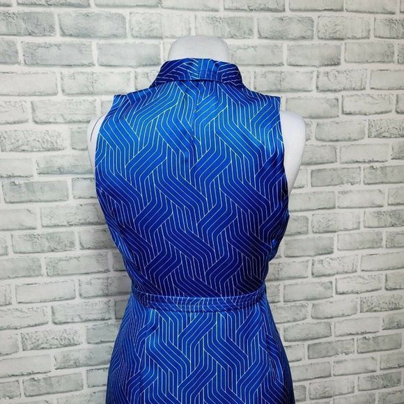 Equipment‎ Size 10 Katherine Blue Silk Geo Pattern Wrap Sleeveless Midi Dress - Picture 9 of 12
